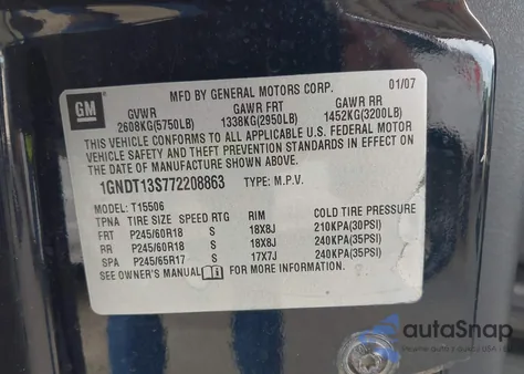 2007 Chevrolet Trailblazer Lt из США, поврежденный, VIN 1GNDT13S772208863